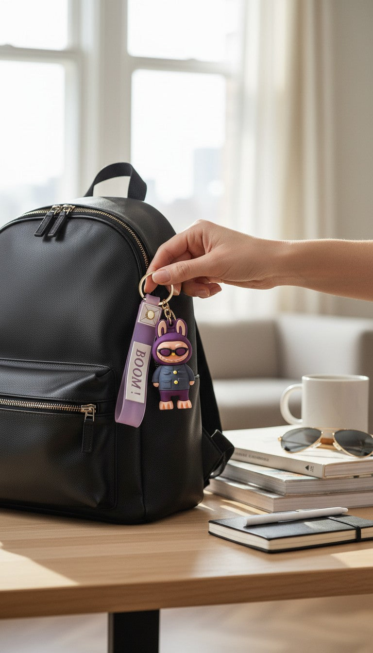 Purple Nurse Character Keychain with 'BOOM!' Tag