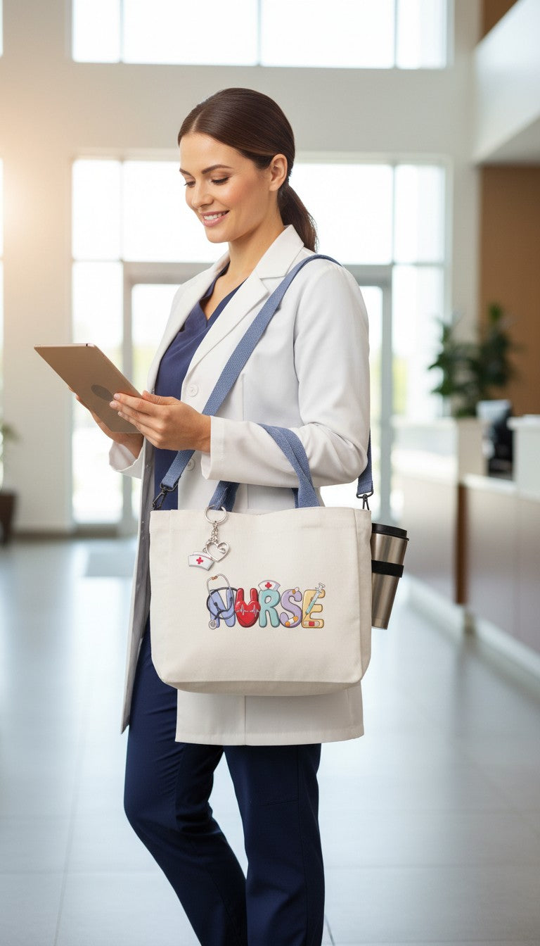 Nurse Tote Bag - Beige Canvas with Charm