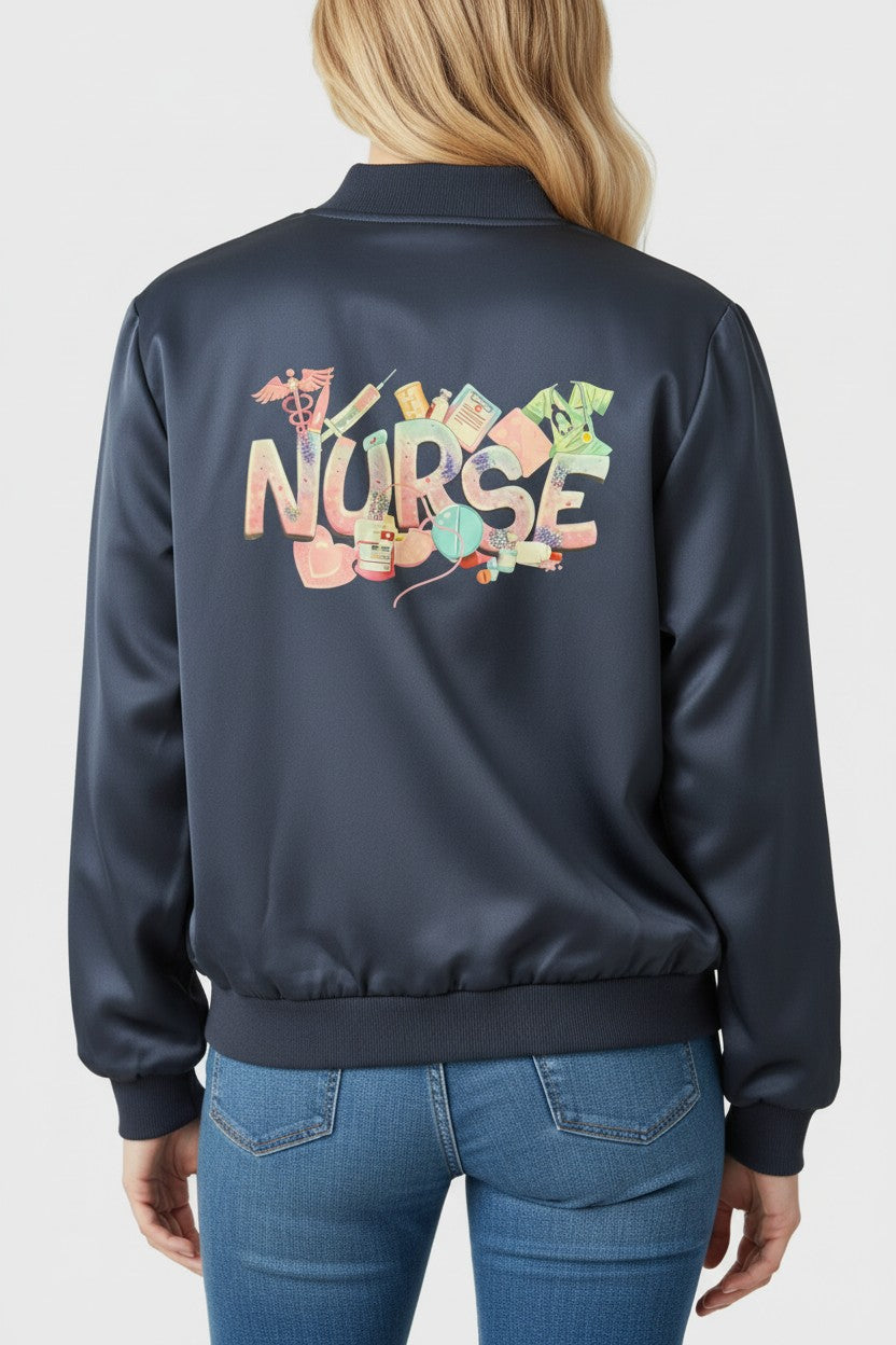 Nurse Bomber Jacket - Navy Satin with Back Print