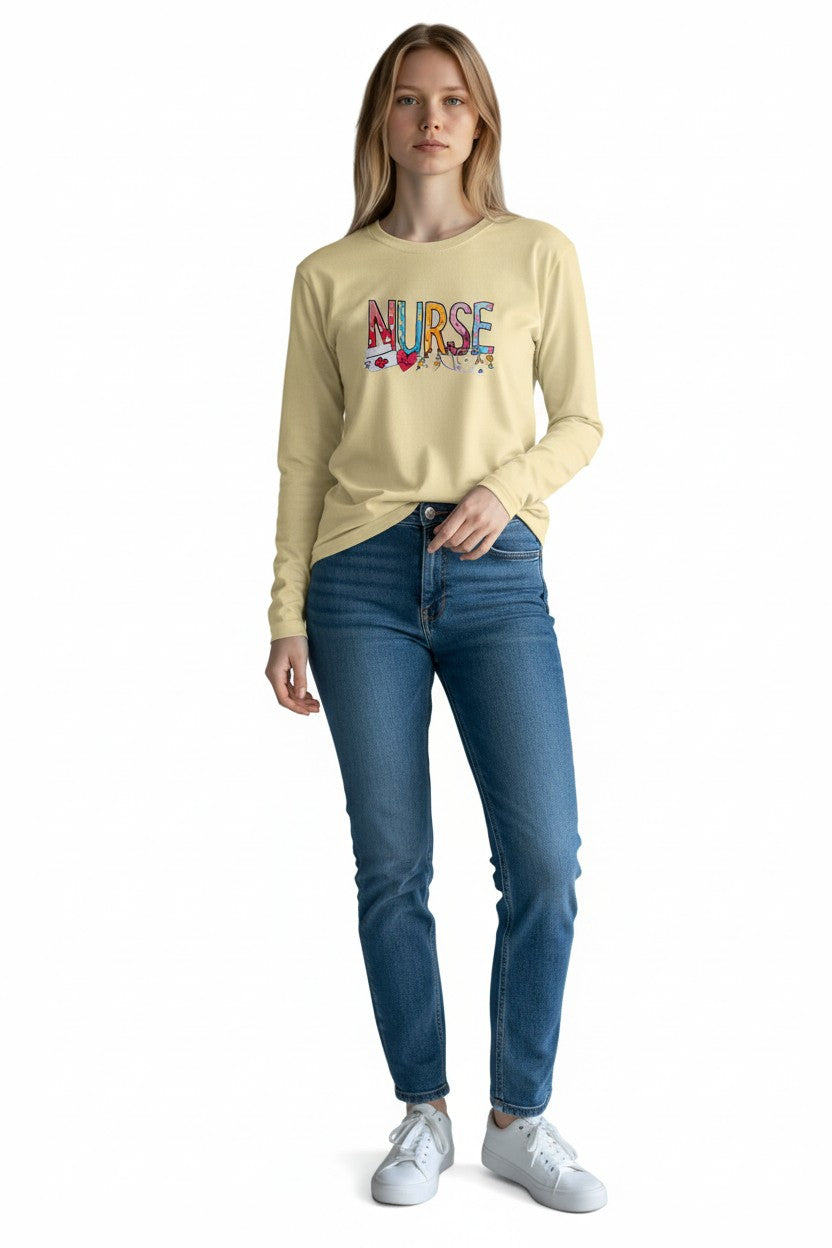 Nurse Long Sleeve T-shirt - Soft Yellow with Medical Icons